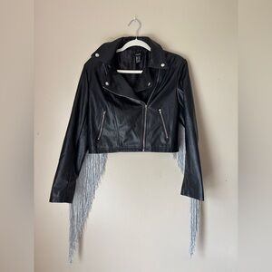 Forever 21 Faux Leather Cropped Moto Jacket with Silver Rhinestone Fringe